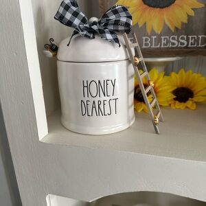 Rae Dunn Cream Honey Jar with Black Gingham Bow